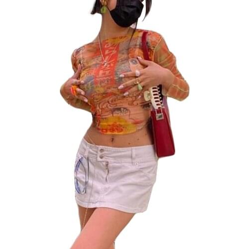 Women Slim-fit Crop Tops, Adults Casual Cartoon Print Long Sleeve Round Neck Pullover