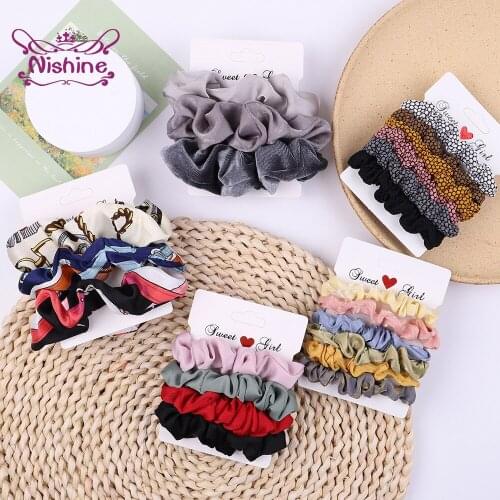 Nishine Fashion Women Large Intestine Hair Rope Set Vintage Print Elastic Hairband Comfortable Soft Girls Headwear Holiday Gifts