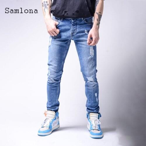 Samlona 2021 Mens Fashion Jeans Demin Pants Casual skinny Straight Hole Ripped Bottoms Light blue Biker Hip Hop Denim Trousers