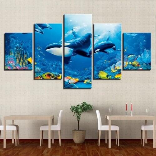 Wall Art Posters Hd Printing 5 Pieces Deep Blue Ocean Whale Tiger Sharks Frameless Canvas Painting Living Room Home Decor