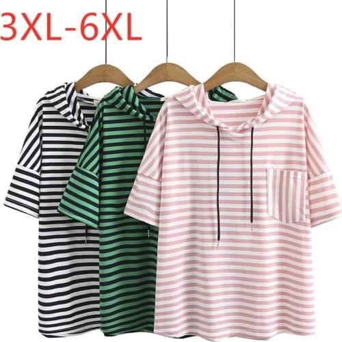 New 2021 Ladies Summer Plus Size Hoodie Tops For Women Large Short Sleeve Loose Cotton Pocket Stripe T-shirt 3XL 4XL 5XL 6XL