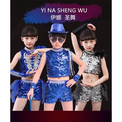 NEW Childrens Jazz Dance Costumes Dance Performance Set Girls and Boys Kid Sequins Dance Jazz Dance Costumes Clothes Top+Shorts