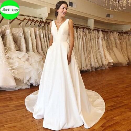 Sexy V Neck Wedding Dress Simples Vestidos De Novia Satin A Line Bride Gown 2021 Robe Mariage Abito Da Sposa Boda Trouwjurk
