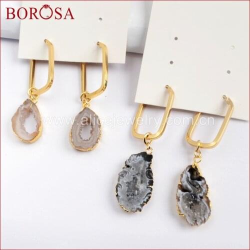 BOROSA 5Pairs Gold Color Agates Druzy Slice Rectangle Charm Earring Jewelry, Fashion Natural Drusy Dangle Earrings G1587