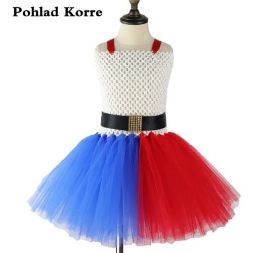 Blue Red Patchwork Cown Girls Tutu Dress Sashes Kids Cown Halloween Costume Cosplay Carnival Party Dresses For Girls Clothes XX