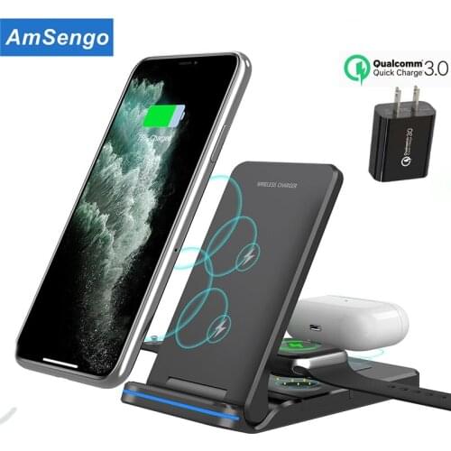 Amsengo 15W Foldable Qi Wireless Charger 3 in 1 Fast Charging Holder For iPhone 12 Pro Max for Apple Watch Charger Airpods Pro