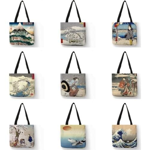 Japanese Ukiyoe Wave Mount Fuji Artwork Tote Handbag Fashion Causal Shoulder Bag for Travel Ladies Large Reusable Shopping Bags