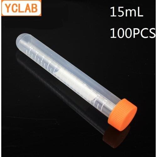 YCLAB 100PCS 15mL Centrifuge Tube EP Plastic Round Bottom Screw Mouth with Yellow Lid and Graduation Ethylene Propylene
