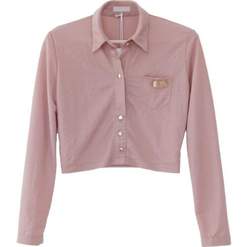 PERHAPS U Women Pink Knitted Crop Top Solid Button Long Sleeve Polo Shirt B0550