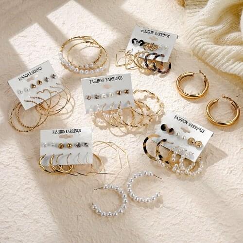 FNIO 2021 Fashion Pearl Drop Earrings for Women Bohemian Style Cross Tassel Geometric Dangle Earring Set