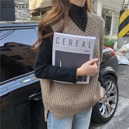Sweater Vests Womens Harajuku V-neck Leisure Vintage Streetwear New Korean Style Autumn Lazy Chic Tops Sleeveless Students Retro