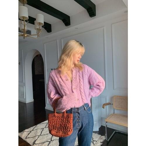 Light Purple Sweater Cardigan Jacket Women Spring Knitting Long Sleeve Outerwear Female Elegant Vintage O-neck Jumper Tops 2020