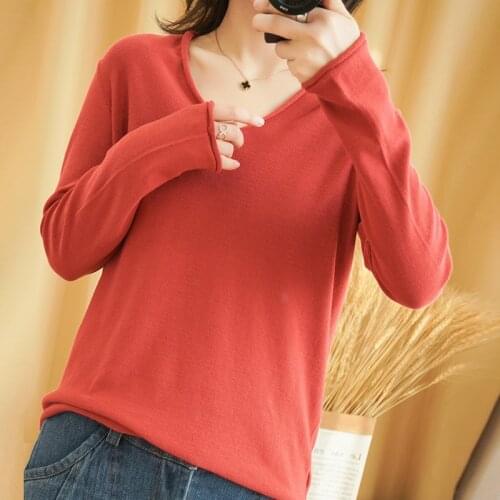 2021 long-sleeved knit sweater pullover bottoming shirt Solid color spring summer cotton T-shirt V-neck blouse Slim women