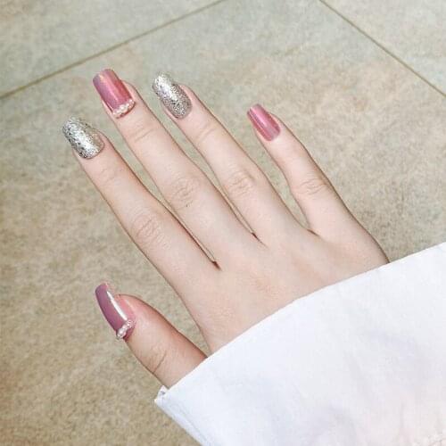 24pcs Silver Color Fake Nail Patch Rhinestone Inlaid Glue Type Removable Long Paragraph Fashion Manicure Nail Patch DL