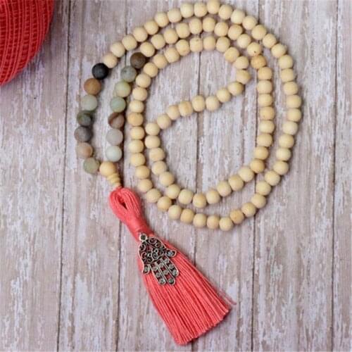 8mm Amazonite Beige Prayer Beads Handmade Tassel Necklace Wristband Buddhism Japa Spirituality Retro Mala Chakra Meditation