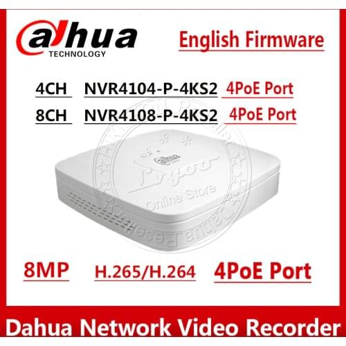 Dahua NVR4104-P-4KS2 NVR4108-P-4KS2 4k 4ch 8ch Smart 1U 4PoE H.265 Lite Network Video Recorder 8MP cctv system with logo