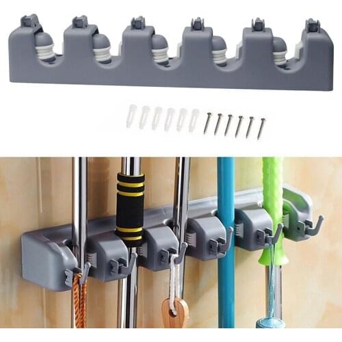 Household 5 Slots 6 Hooks Mop Broom Holder Wall Mounted Garage Organizer Plastic Brush Hanger Storage Hanging Rack