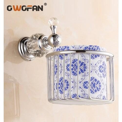 Paper Holders Brass Golden Crystal Toilet Paper Holder Roll Tissue Basket Paper Rack Shelf Wall Mount Bathroom Accessories 4556