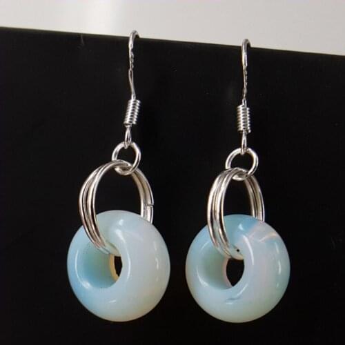 Ethnic Style Silver Plated Round Hollow Opalite Opal Dangle Earrings for Women Party Gift Jewelry