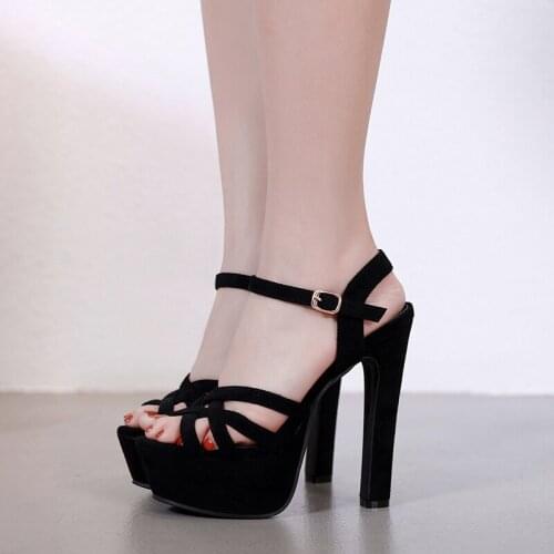 Gladiator Buckle Strap Woman Sandals Party String Square heel Shoes Summer Sexy Woman Shoes Black Platform High Heel Sandals