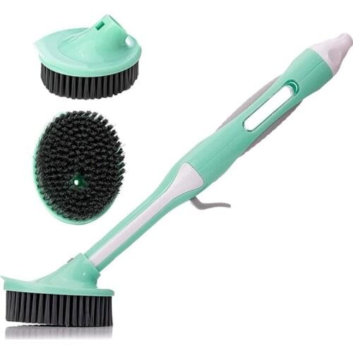 Long Handle Soap Dispensing Dish Brush, Kitchen Scrub Brush for Pans Pots Sink Cleaning and 1 Extra Brush Heads
