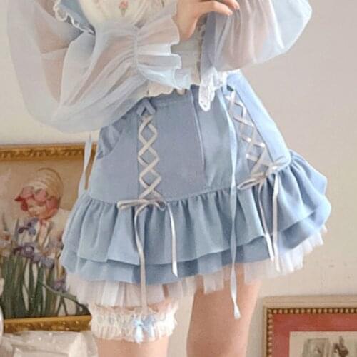Kawaii Lolita Skirt Women Japanese Lace Up Summer Casual Mini Sexy Sweet Skirt Female High Waist Bandage Y2k Elegant Skirt New