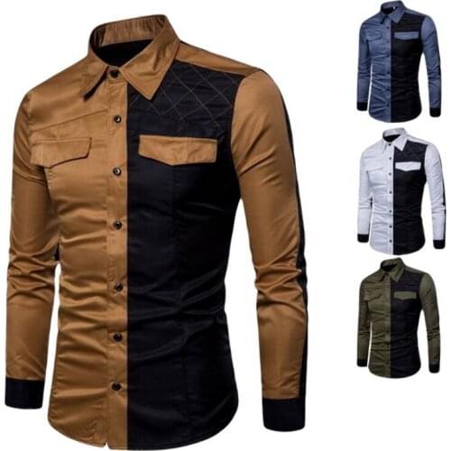 Mens Casual Shirt Mens Fashion Color Patchwork Shirts Mens Outdoor Military Style Color Matching Long Sleeve Shirt