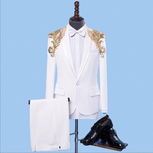 2020 New Men White Sequins Suits Show Host Ceremonial Chorus Dress Slim Groom Groomsmen Wedding Suits Dress Singer Costumes
