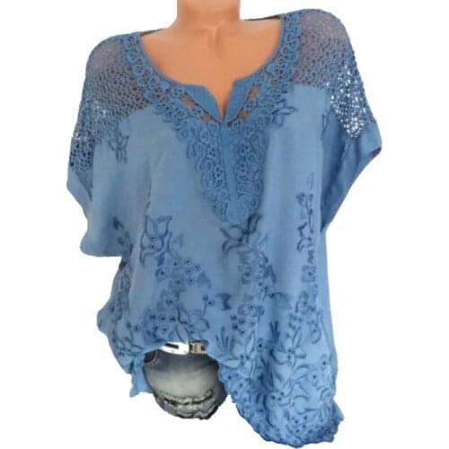 Plus Size Lace Women Blue T-Shirt Summer Cotton Women Fashing Tops V-Neck Bat Sleeve Embroidery High Quality Women Shirt 6XL