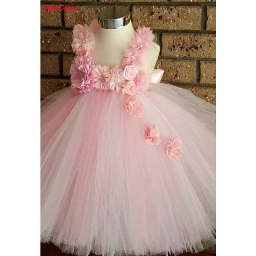 POSH DREAM Perfectly Flower Wedding Dresses White and Pink Flower Girl Tutu Dress Birthday Formal Ball Gown Dress for 1- 12year
