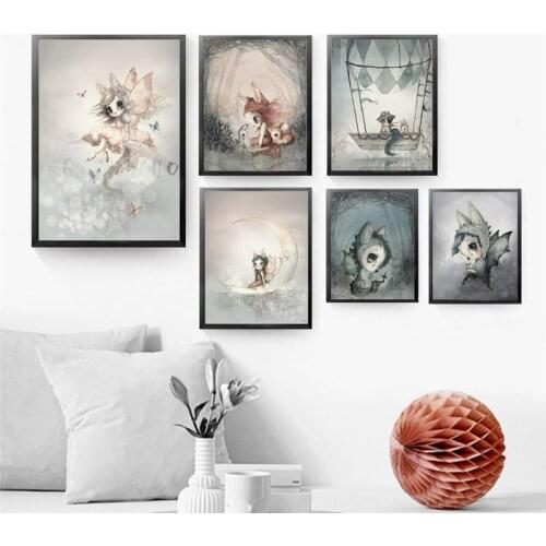 Scandinavian Rabbit Boy and Girls Cartoon Canvas Painting Angel Decoration art posters Kids Baby Nursery Room Wall Murals