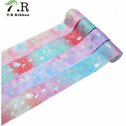 T.R RIBBON 75mm laser silver flamingos printed grosgrain ribbon for ribbon bows