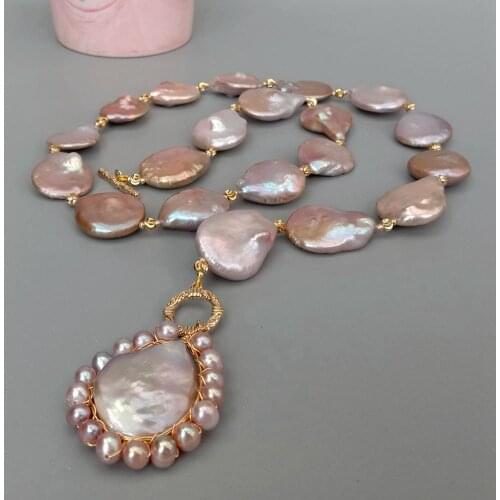Y·YING natural Freshwater Cultured Purple Keshi Coin Pearl Necklace 32mm Pearl Pendant 18"