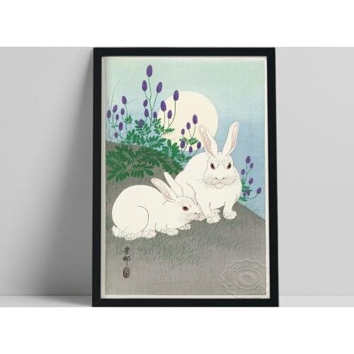 Ohara Koson Japanese Woodcut Prints Art Poster, Rabbits At Full Moon Retro Canvas Painting, Kids Room Wall Stickers Home Decor