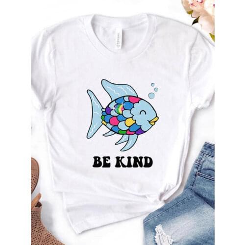Women T Shirt Be Kind Rainbow Scale Fish Print Tshirt Women Short Sleeve O Neck Loose T-shirt Ladies Causal Tee Shirt