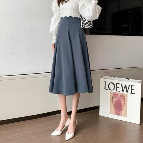 2021 Womens Summer Solid High Waist A-line Skirt Female Elegant Office Lady Midi Skirts High Street Casual Skirts Feme