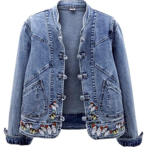 Women autumn Embroidered Denim Jacket Vintage Long Sleeve Coat stand collar slim top jacket