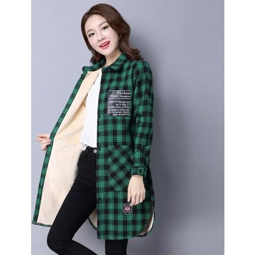 Women Shirt Winter 2018 Casual Red Green Plaid Plus Velvet Thicken Cotton Long Shirt Girl Tops Warm Outerwear Female