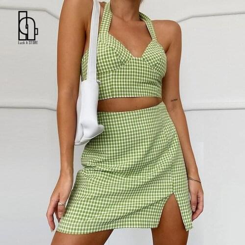 Women High Waist Sexy Mini A Line Skirt Sleeveless Y2k Crop Tops 2021 Suit Summer Green Plaid Print Halter Neck 2 Two Piece Set