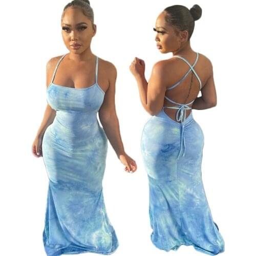 2021 Summer Sexy Dress Tie-dye Printing Long Dress Elegant Backless Sexy Summer Holiday Lace-up Sundress Ladies Tight Dress New