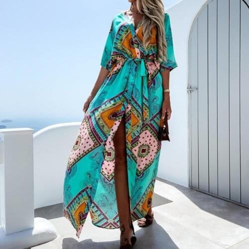 Women Elegant Lace-Up Party Maxi Dresses Vintage Pattern Print Casual Beach Boho Dress Sexy V-Neck High Slit Long Dress Vestidos