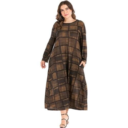 Loose Casual Dress Women Autumn O Neck Long Sleeve Plaid Print Retro Vintage Dresses XL To 6XL Plus Size Maxi Long Dresses