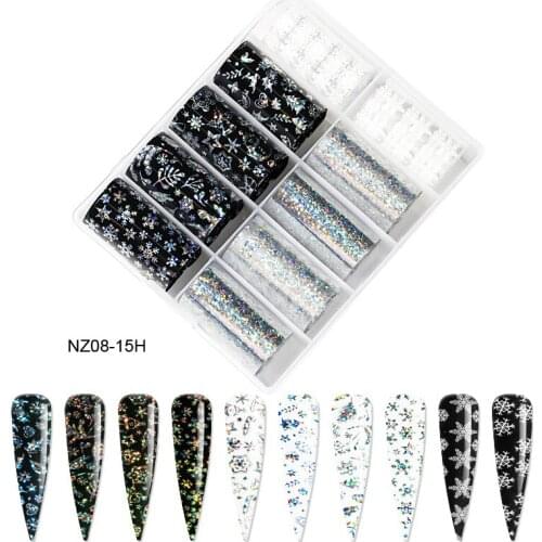 10pcs in Box Holographic Transparent Christmas Nail Foil 4X100cm Christmas &Snowflake Holo Nail Foils Nail Art Transfer Sticker