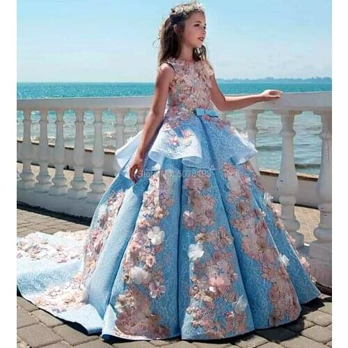 127 sky-blue flower girl dresses/baby birthday gowns boat-neck satin ball gown lace&pink-appliques floor-length free shipping