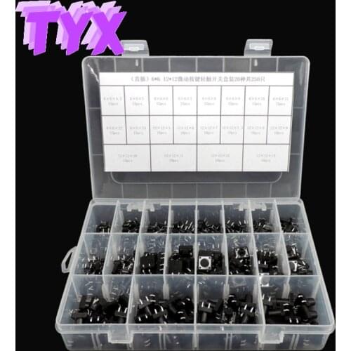 250PCS 12X12 6X6X5/4.3/6/7/8/9/10/13MM Tact Switch Push Button Switch DIP Micro Switch For TV/Toys/home use Botton