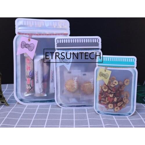 300pcs/lot New Style Mason Jar Shaped Food Container Plastic Bag Clear Mason Bottle Modeling Zippers Storage Snacks Plastic Box