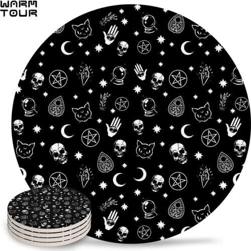 4/6/8 PCS Black Witch Skull Moon Placemat Ceramic Drink Coasters Table Decoration Kitchen Accessories Absorbent Moisture