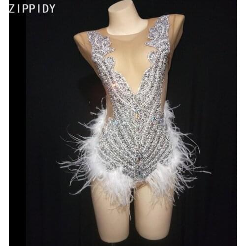 Glisten Silver Rhinestone Feather Transparent Bodysuit Birthday Celebrate Sexy Pearl Outfit Women Dancer Show Stage Wear