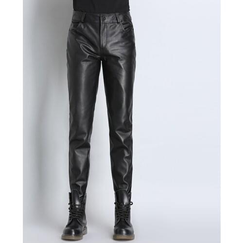 Mens Genuine Leather Pants Real Leather Sheepskin Motorcycle Vintage Classic Male Trousers Black Business Pants Plus Size