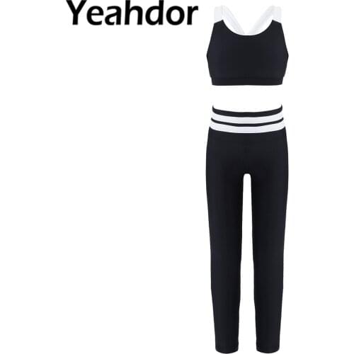 Kid Girls Summer Sport Suit Sportswear Straps Sleeveless Open Back Crop Tops and High Waist Pants Set for Gym Yoga Dance Workout